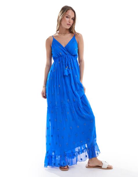 South Beach - Lange cami jurk met V-hals en lovertjes in blauw - view 1