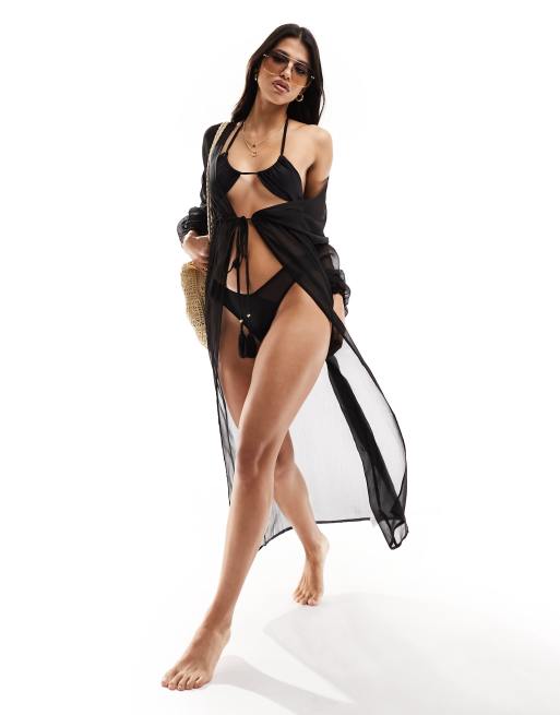 South Beach - Lange strandkimono met lange mouwen in zwart