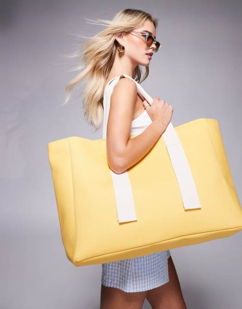 South Beach large canvas tote bag with contrast strap in yellow - view 1