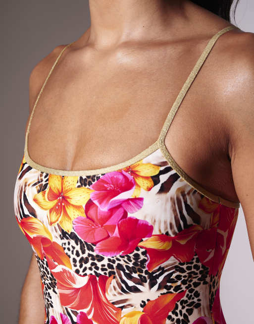 South Beach Leopard floral printed swimsuit with metallic straps in multi, 3 of 4