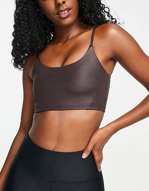Women South Beach light support strappy high shine sports bra in brown 