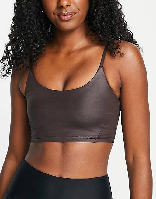 Women South Beach light support strappy high shine sports bra in brown 