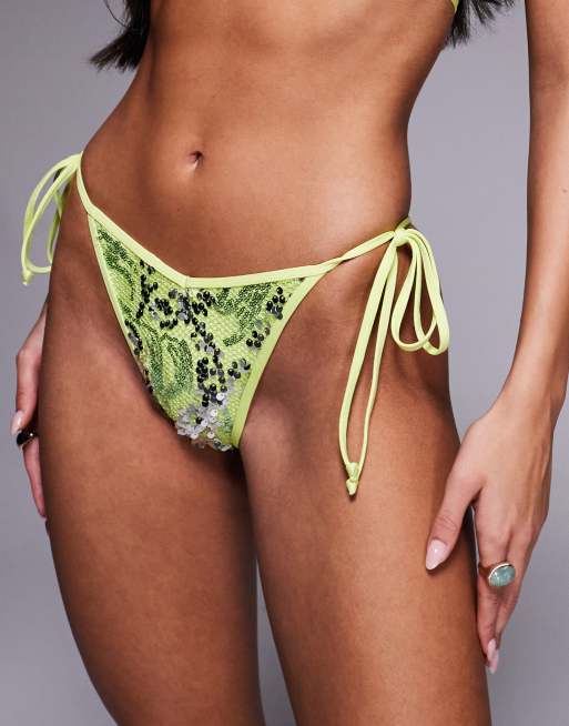 South Beach – Limonkowozielony wiązany po bokach dół cekinowy od bikini, 4 z 4