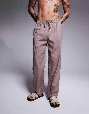 linen blend beach pants in taupe - part of a set-Neutral