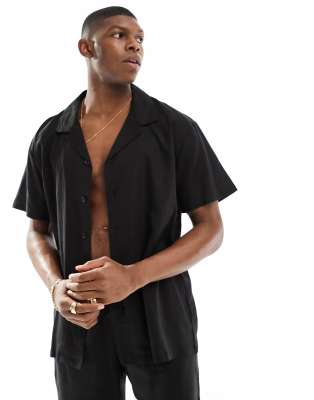 linen blend beach shirt in black