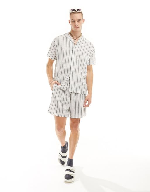 South Beach linen blend beach shirt in white with black stripe, 2 of 4