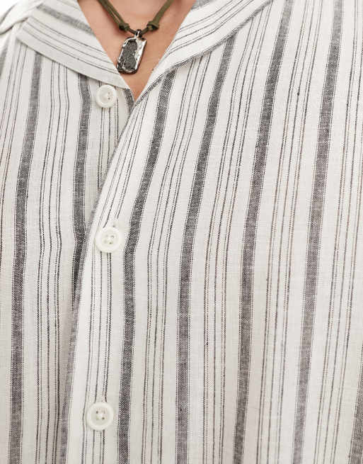 South Beach linen blend beach shirt in white with black stripe, 3 of 4