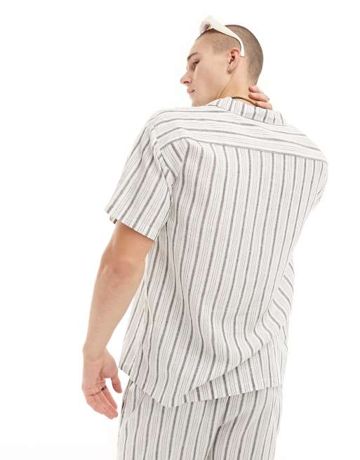 South Beach linen blend beach shirt in white with black stripe, 4 of 4