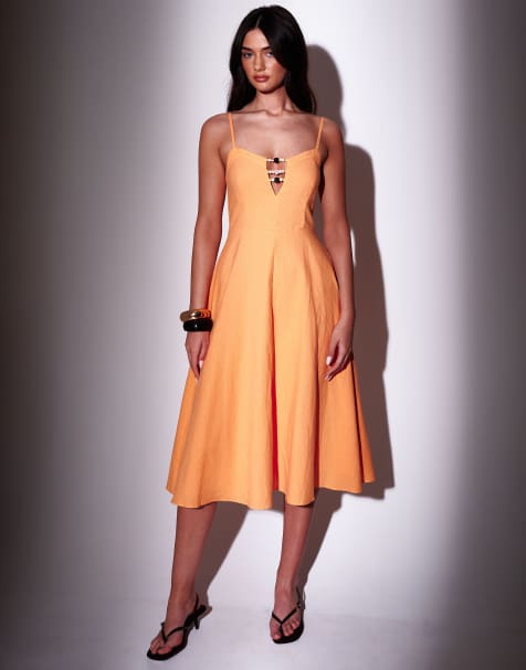 South Beach Linen blend midi dress with bead detail in orange - view 1