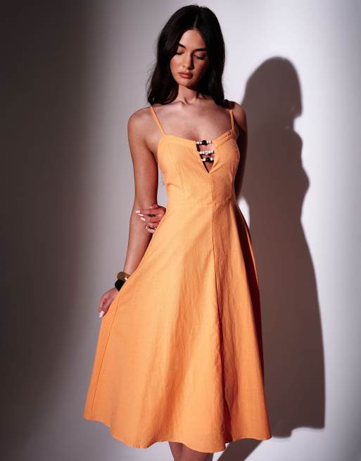 South Beach Linen blend midi dress with bead detail in orange, 3 of 4