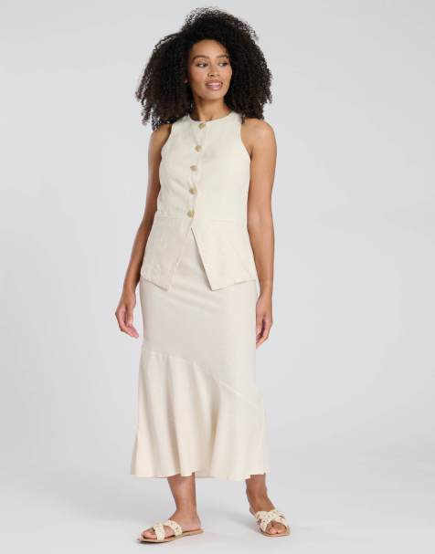 South Beach linen blend midi skirt in beige