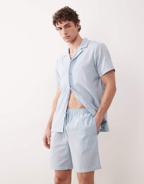 South Beach linen blend short in blue stripe - view 1