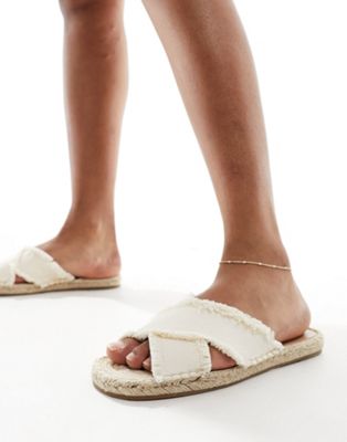 linen cross over espadrille mule sandals in cream-White
