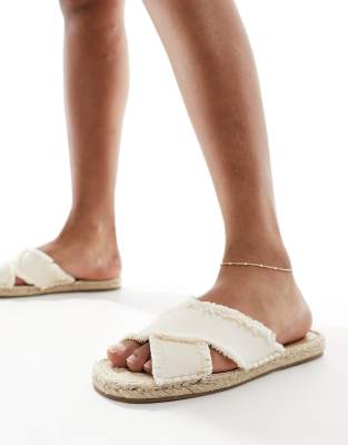 South Beach linen cross over espadrille mule sandals in cream-White