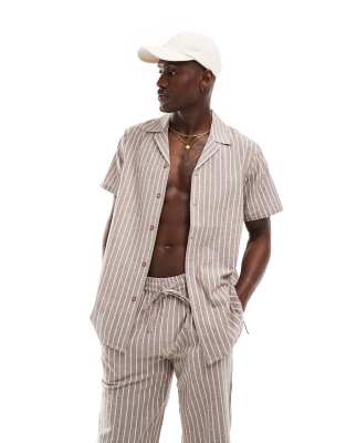 South Beach linen look stripe short sleeve beach shirt in brown and white - view 1