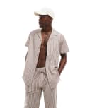 [South Beach] South Beach linen look stripe short sleeve beach shirt in brown and white XS Brown