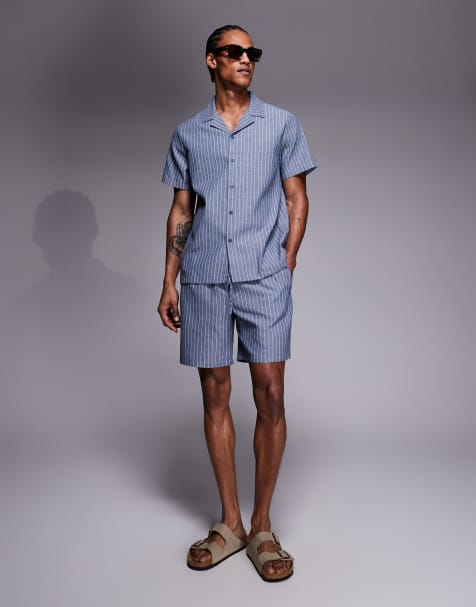 South Beach linen short in faded blue stripe - view 1