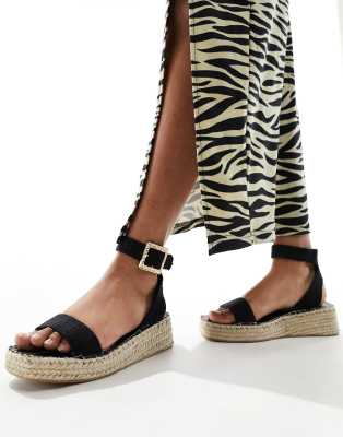 linen two part espadrille sandals in black