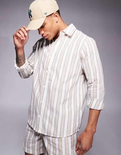 South Beach long sleeve beach shirt in beige and white stripe