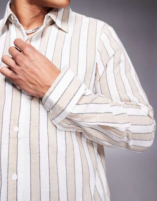 South Beach long sleeve beach shirt in beige and white stripe