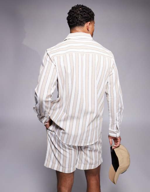 South Beach long sleeve beach shirt in beige and white stripe