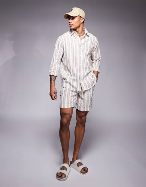 South Beach long sleeve beach shirt in beige and white stripe