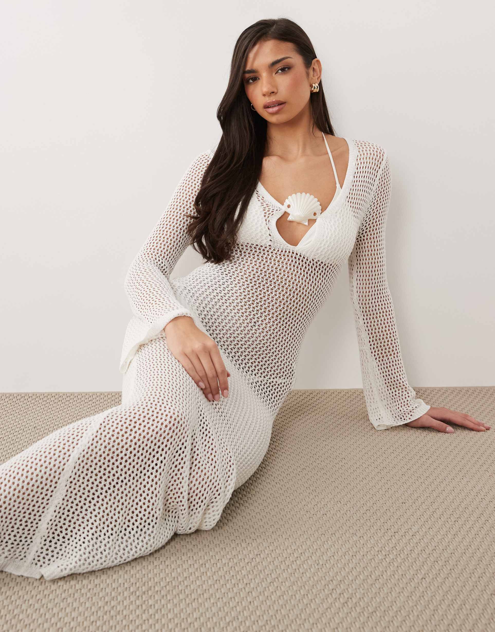 south beach long sleeve crochet maxi dress in white