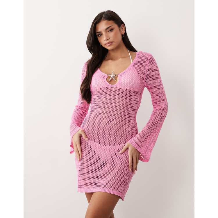 South Beach long sleeve crochet mini dress in pink | ASOS