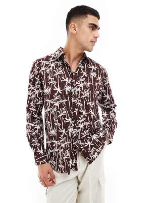 long sleeve linen look beach shirt in brown