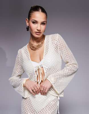 long sleeve tie front sequin beach shirt in cream - part of a set-White