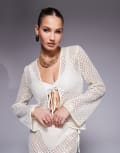 [South Beach] South Beach long sleeve tie front sequin beach shirt in cream (part of a set)-White 8 Cream