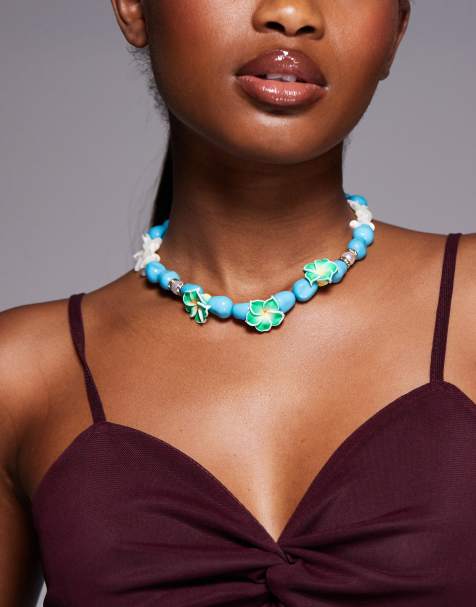 South Beach lotus flower chunky beaded necklace in blue - view 1