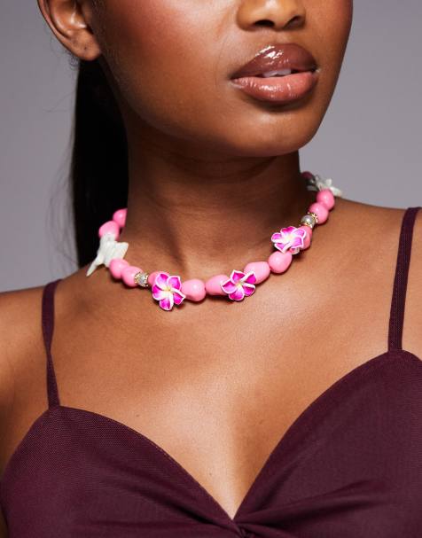 South Beach lotus flower chunky beaded necklace in pink - view 1