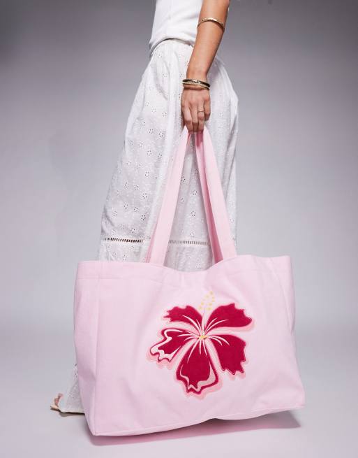 South Beach lotus flower towelling tote bag in pink 