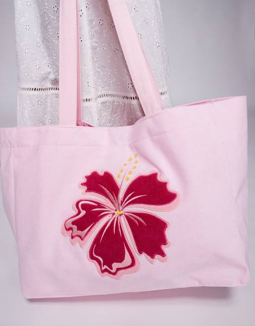 South Beach lotus flower towelling tote bag in pink 