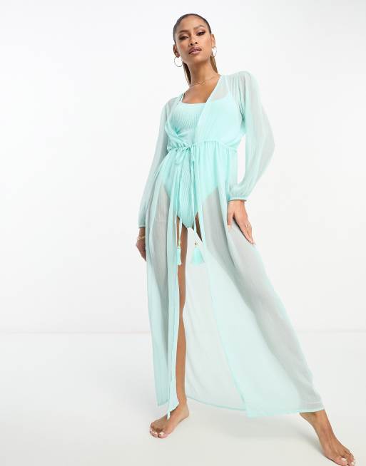 South Beach - Lyseblå maxi-strandkaftan i chiffon med ballonærmer, 4 af 4