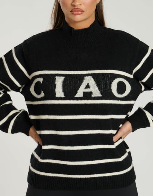 South Beach - Maglione lavorato nero a righe con collo a imbuto e scritta, 2 di 4