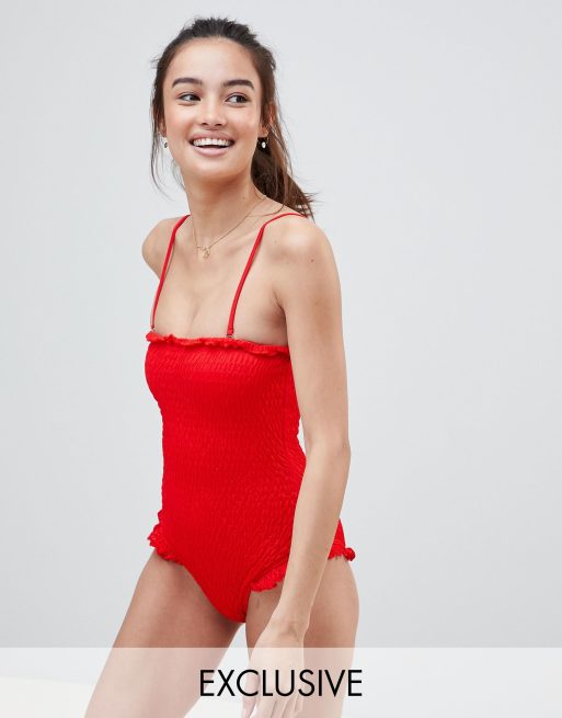 South Beach - Maillot 1 pièce style bandeau avec bordure à volant et effet froissé