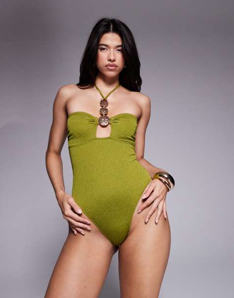 South Beach - Maillot de bain à découpes froissé avec détail en métal - Olive - view 1