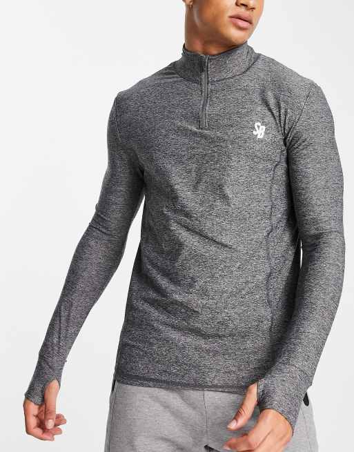 South Beach - Man - Muscle fit top met lange mouwen en 1/4 rits in gemêleerd grijs