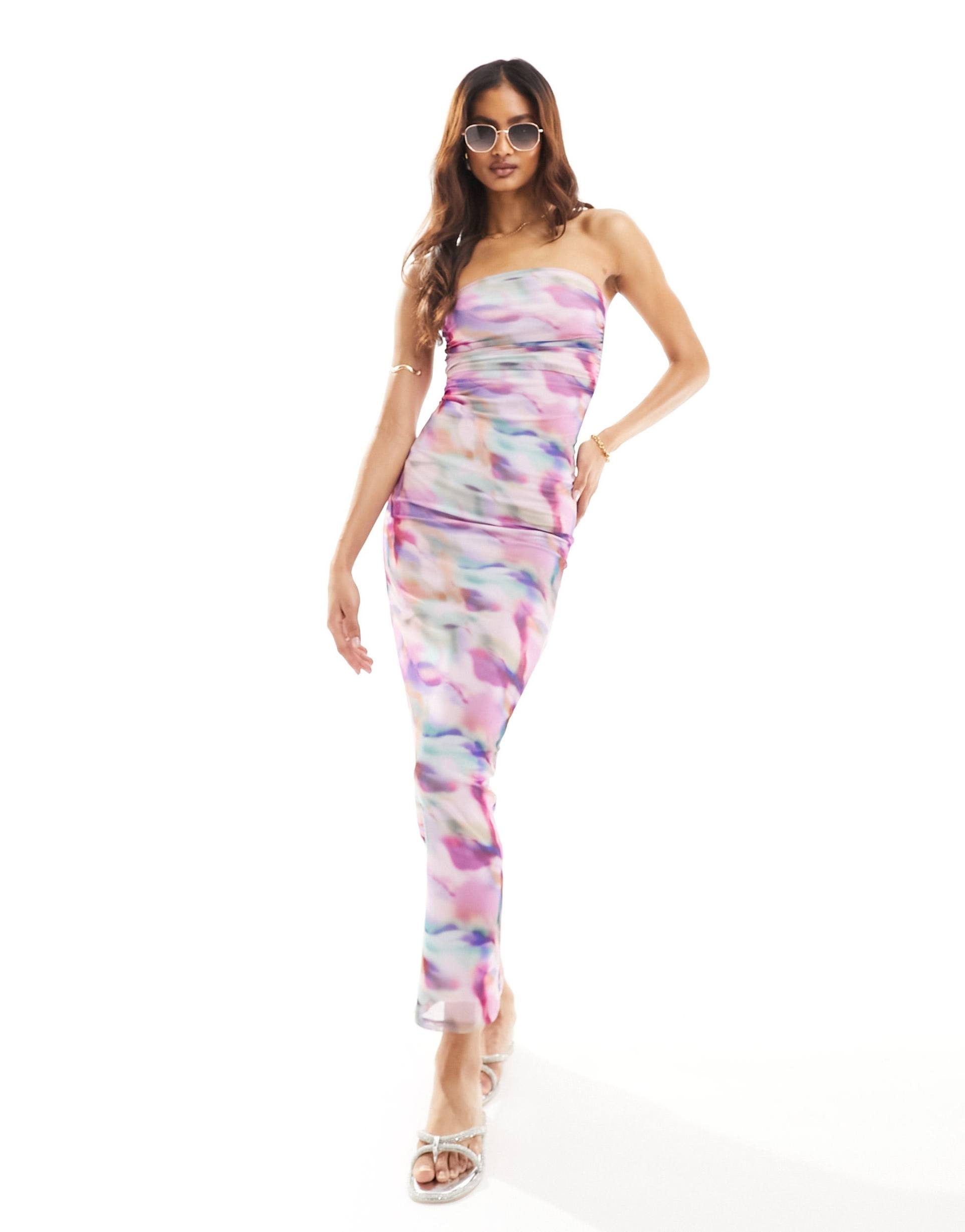 south beach marble print bandeau mesh maxi beach dress in pink abstract print