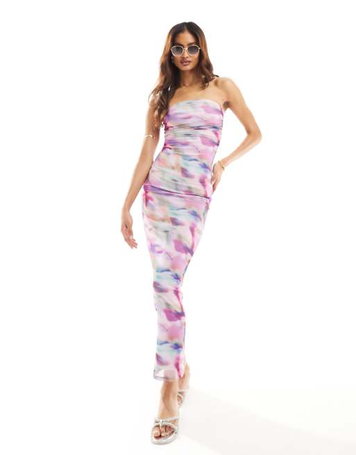 South Beach marble print bandeau mesh maxi beach dress in pink abstract  print