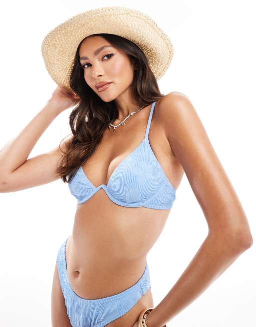 South Beach – Marszczona góra od bikini z fiszbinami w żakardowy wzór w chabrowym kolorze