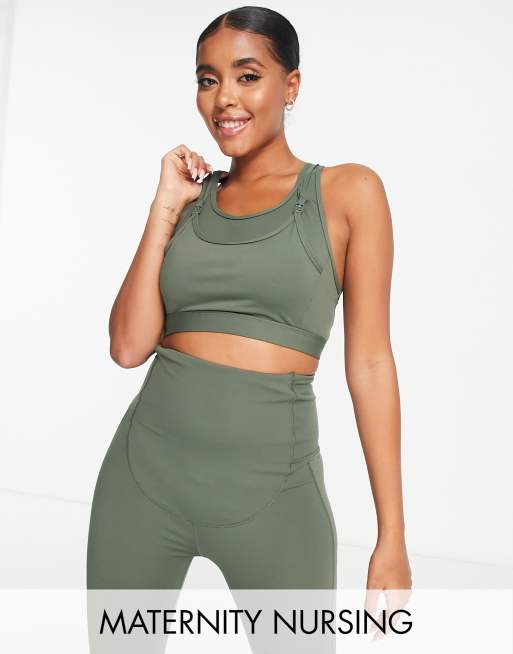 South Beach Maternity - Kakigrøn sports-BH med medium støtte og amme-funktion 