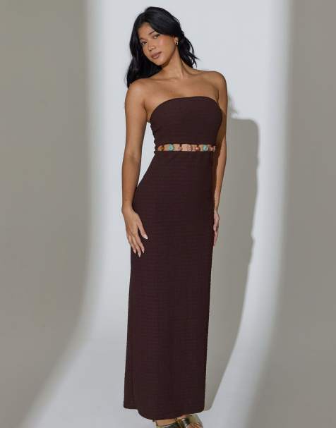 South Beach - Maxi bandeau-jurk van kreukelstof met kralen in de taille in bruin - view 1