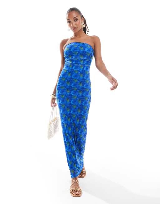 South Beach - Maxi bandeau-jurk van mesh met abstracte bloemenprint in blauw, 4 van 4