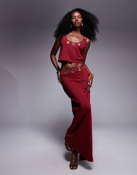 South Beach maxi beach skirt with eyelet detail in burgundy - view 1