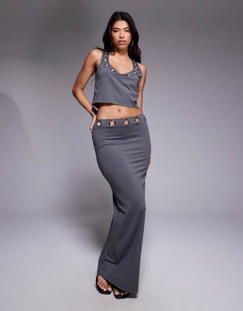 South Beach maxi beach skirt with eyelet detail in gray - view 1