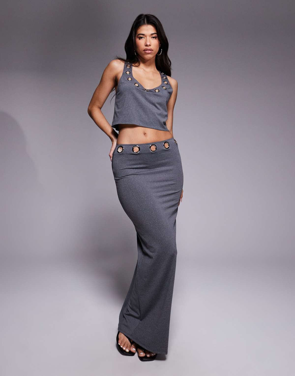 South Beach maxi beach skirt with eyelet detail in grey