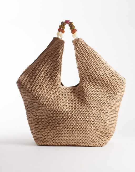 South Beach - Maxi borsa oversize da spalla colore naturale con manico con perline in resina 